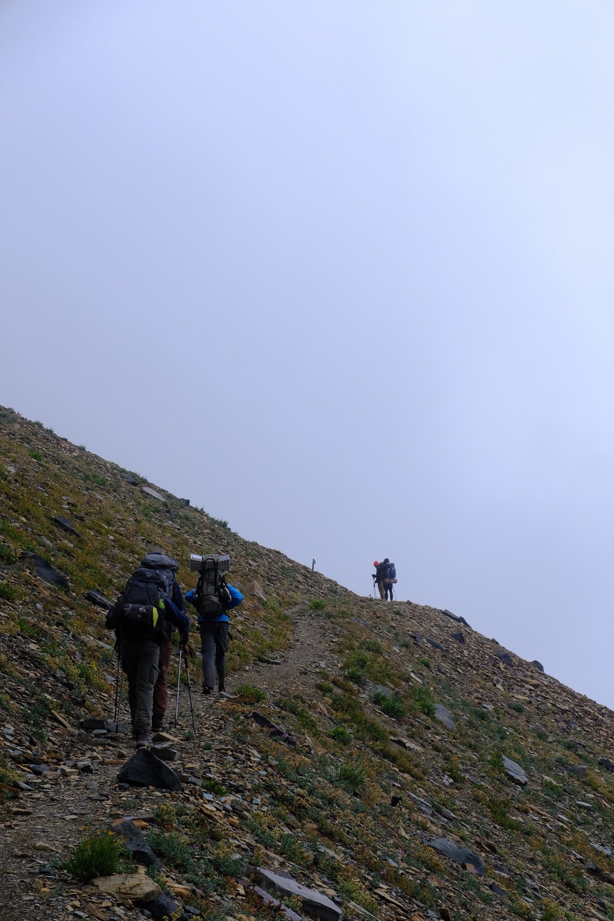 Hiking into thick cloud cover