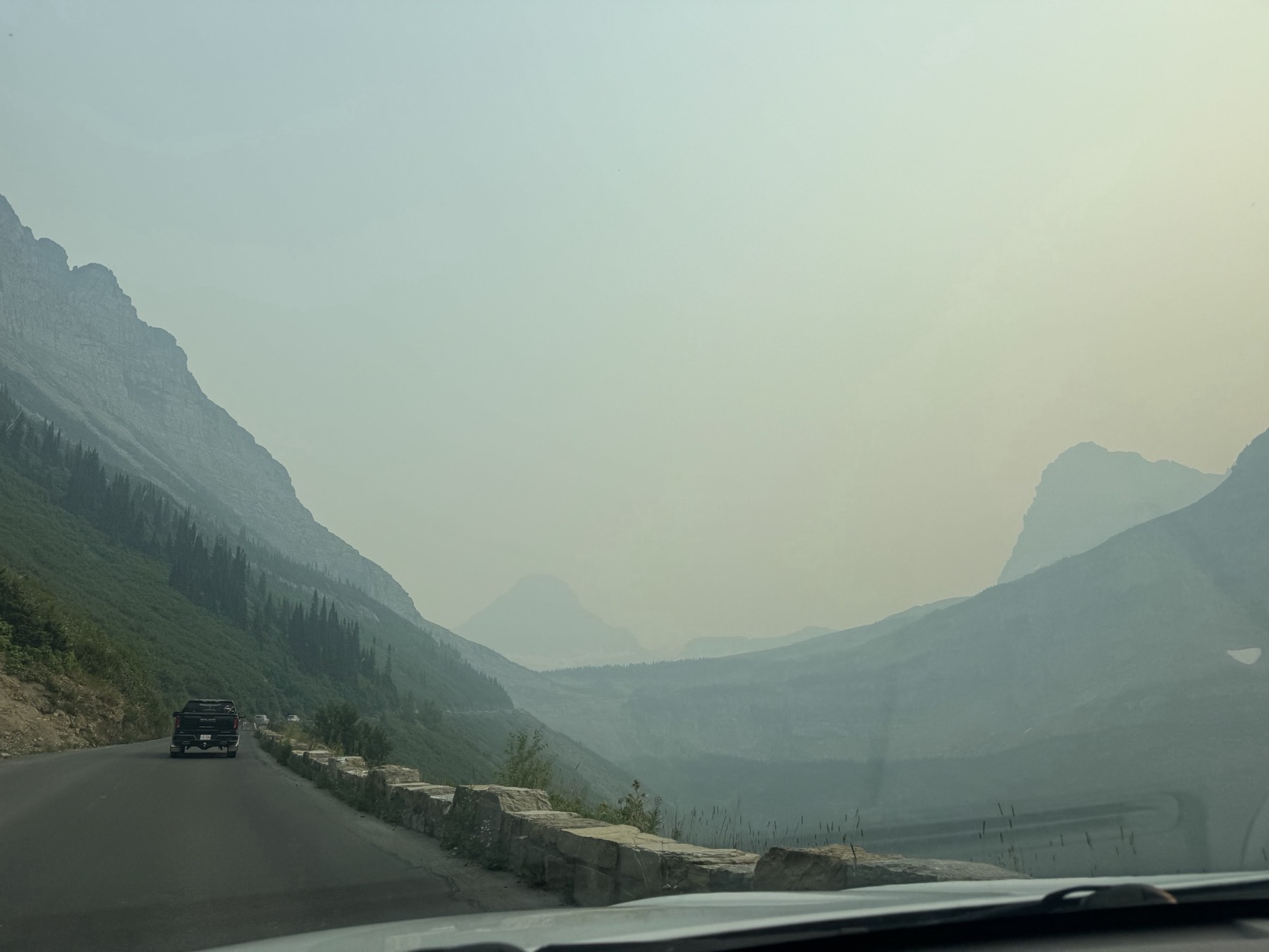 Smoke-obscured peaks along the Going-to-the-Sun Road